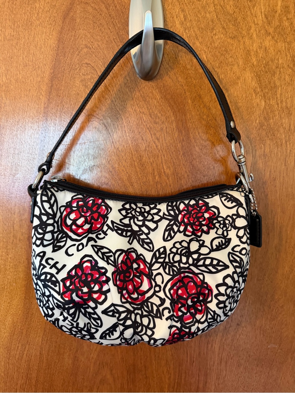 COACH POPPY White Floral Shoulder Bag with Red and Black Accents